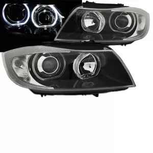Headlights Set Suitable for BMW 3 E90 / E91 05-11 Angel Eyes LED Black H7/H7 Depo-image-6342233