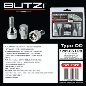 Antitheft Wheel Nuts / Bolts Butzi Premium Kit 6 pcs With Unique Key-Tool Type-DD M12x1.25 L28 T17-image-6342702