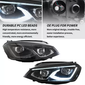 Headlights Set suitable for VW Golf VII (7) 12-17 Mk8 Golf Look Dynamic Start DRL & Signal Black Full LED With Motor VLand-image-6343627