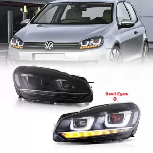image-0-Headlights Set suitable for VW Golf VI (6) 08-12 DRL U-Type & Dynamic Signal & Devil Eye Black H7/H7 With Motor VLand