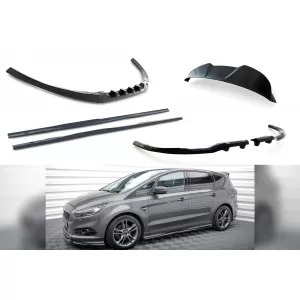 Maxton Design spoiler set suitable for side skirts, front, rear bumper and trunk of Ford S-Max ST-Line 2014-2019, Gloss Black