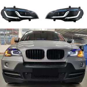 Headlights Set Suitable for BMW X5 E70 07-14 Double L LED Bar Black Upgrade Xenon to LED with Motor Carrier-image-6351953