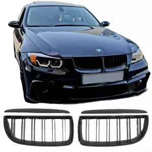 Front Grilles suitable for BMW 3 E90/E91 05-08 M4 Look with Double Grille Glossy Black 4 Pcs-image-6352302